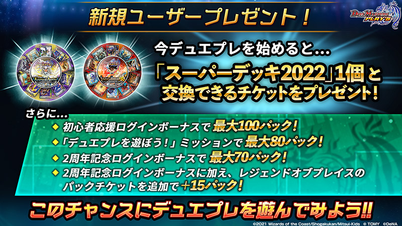 新規ユーザープレゼント！今デュエプレを始めると「スーパーデッキ2022」1個と交換できるチケットをプレゼント！さらに…◆初心者応援ログインボーナスで最大100パック！◆「デュエプレを遊ぼう！」ミッションで最大80パック！◆2周年記念ログインボーナスで最大70パック！◆2周年記念ログインボーナスに加え、レジェンドオブプレイスのパックチケットを追加で＋15パック！　このチャンスにデュエプレを遊んでみよう!!